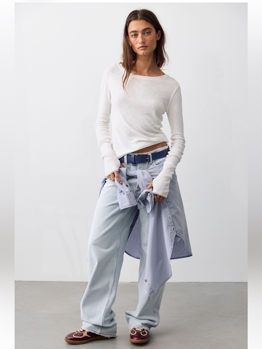 FP White Waffle Knit Long-Sleeve Top